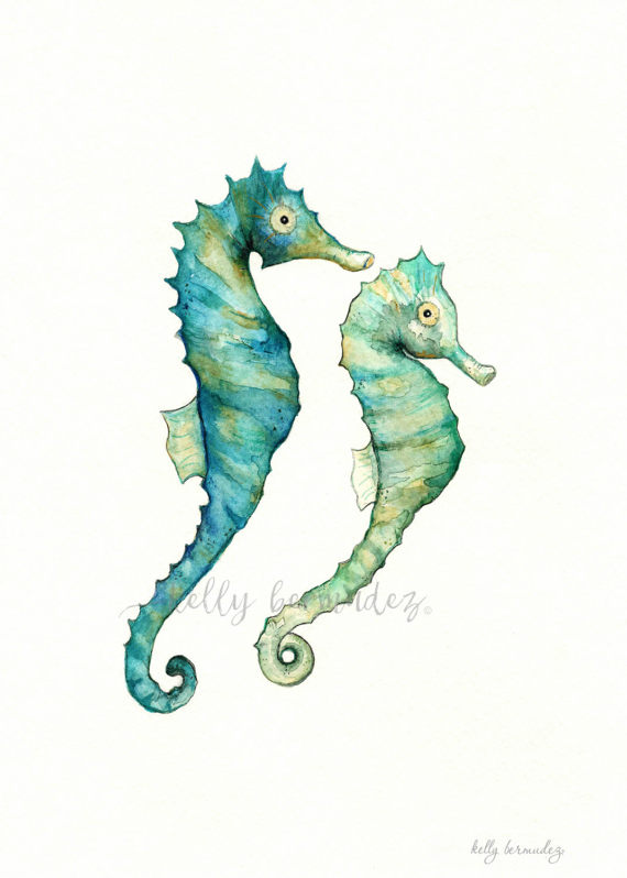 570x798 Wall Art Beach Art Seahorse Painting Seahorse Love - Seahorse Watercolor Painting