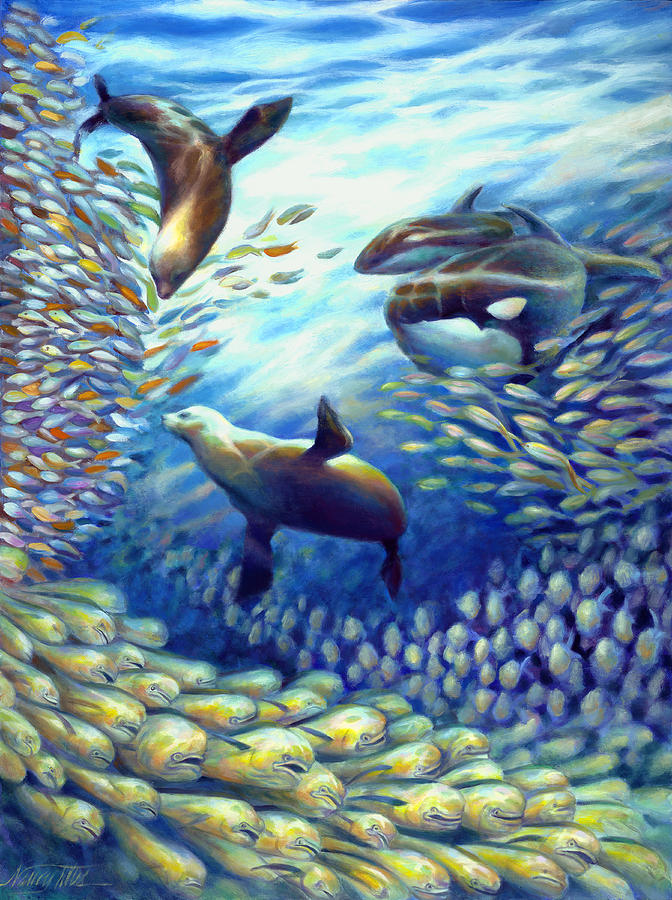 672x900 Sailfish Plunders Baitball Iii - Seals Painting