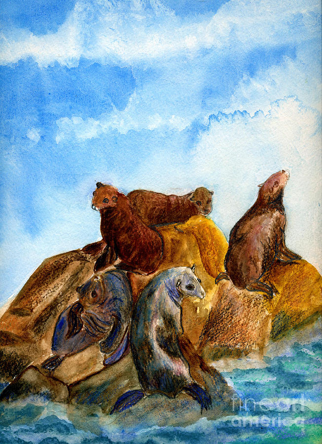 653x900 Sunning Harbor Seals Painting By Ellen Miffitt - Seals Painting
