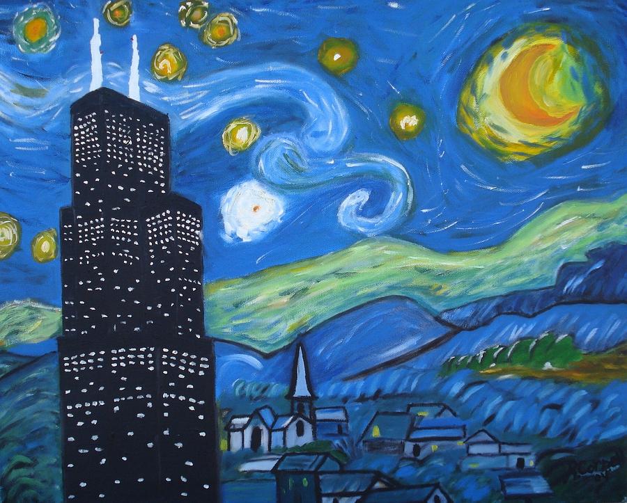 900x723 Starry Sears Tower Night Painting By Robert Cornell - Sears Painting
