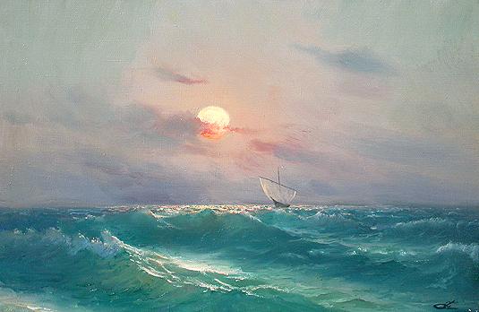 535x348 Rising Moon Seascape - Seascape Oil Painting