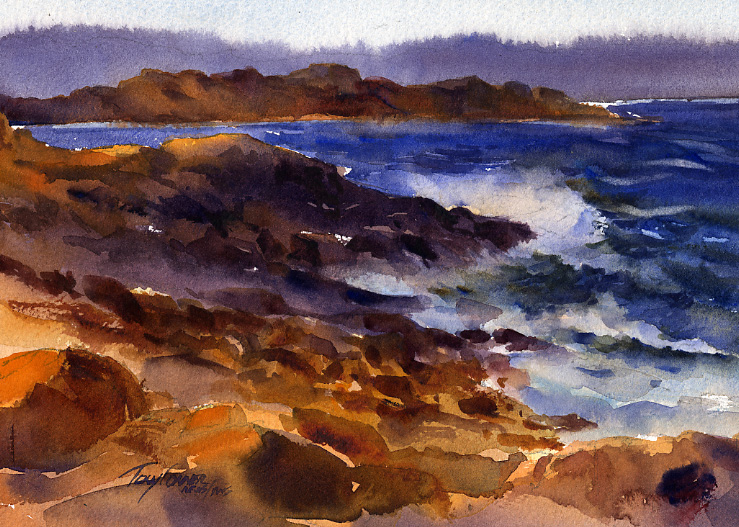 739x527 Evening Surf, Bass Original Watercolor Seascape Painting - Seascape Painting