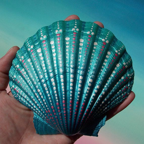 570x570 Large Painted Seashell, Coastal Decor, Mermaid Treasure, Dot - Seashell Painting