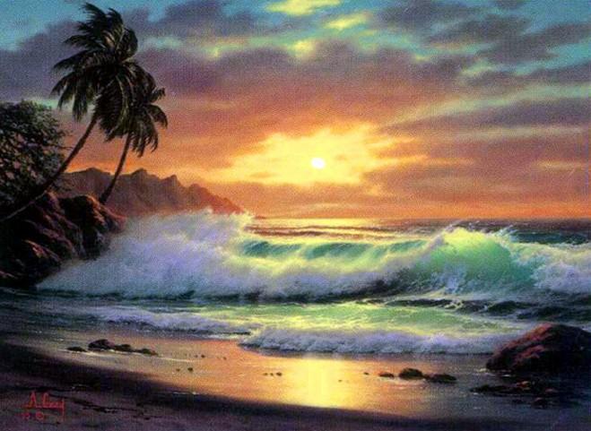 659x481 Palm Tree, Hawaii Beach, Seashore Painting, Sunrise Painting - Seashore Painting
