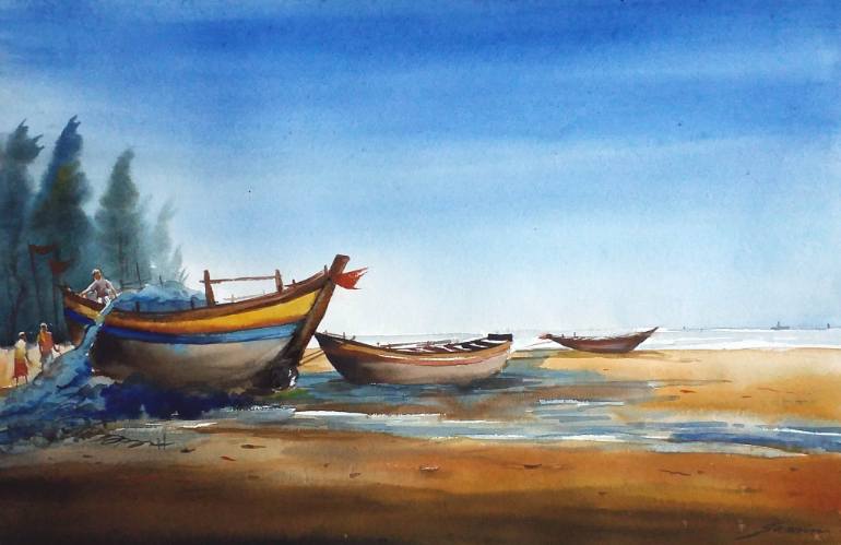 770x499 Saatchi Art Fishing Boats - Seashore Painting