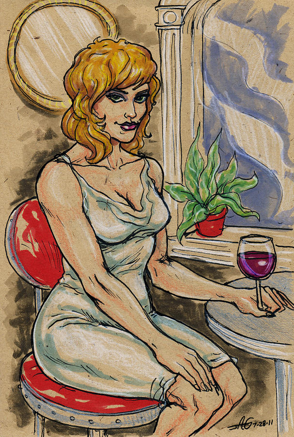 607x900 Seated Woman With Wine Drawing By John Ashton Golden - Seated Woman Painting