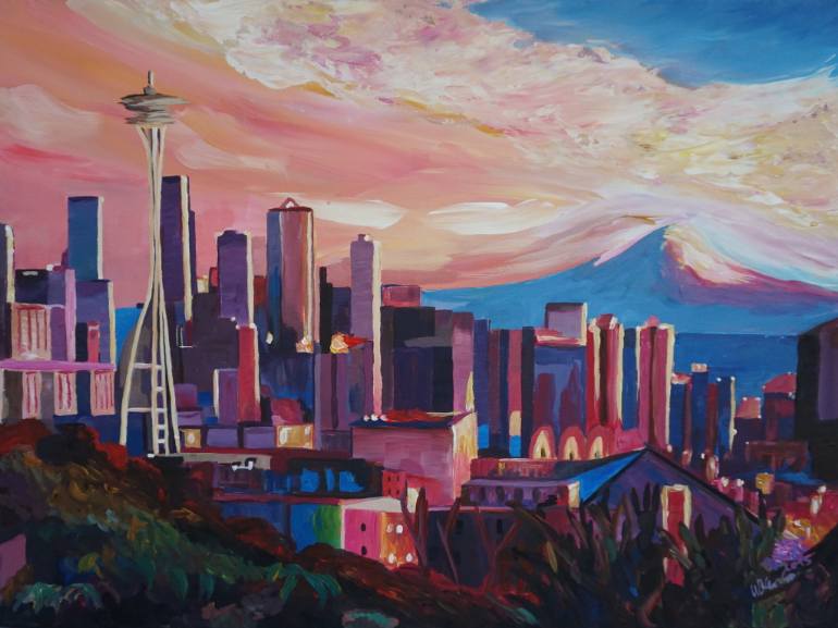 770x577 Saatchi Art Seattle Skyline With Space Needle And Mt Rainier - Seattle Painting
