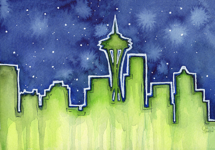 900x627 Seattle Night Sky Watercolor Painting By Olga Shvartsur - Seattle Painting