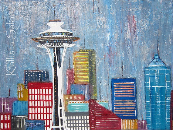 570x427 Seattle Skyline Acrylic Painting 18x24 Space Needle Urban - Seattle Painting