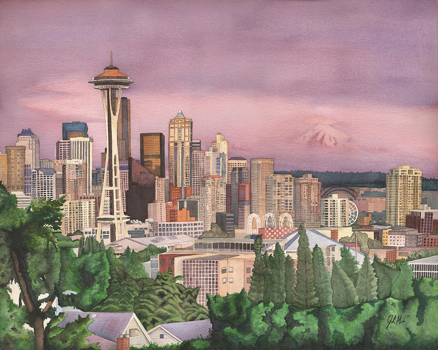 900x720 Seattle Skyline Painting By Josh Marks - Seattle Painting