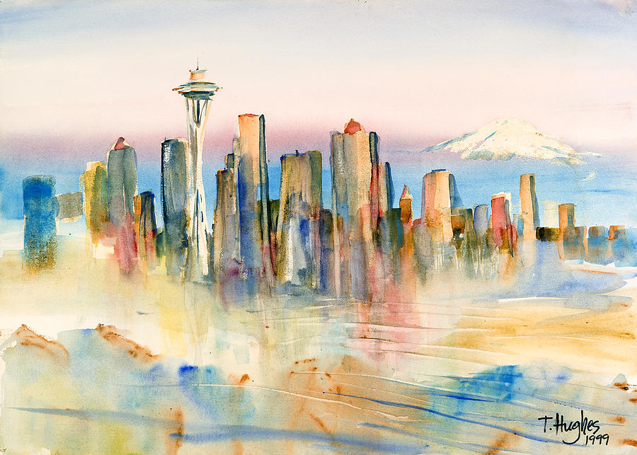 900x643 Seattle Skyline Painting By Thomas Hughes - Seattle Painting