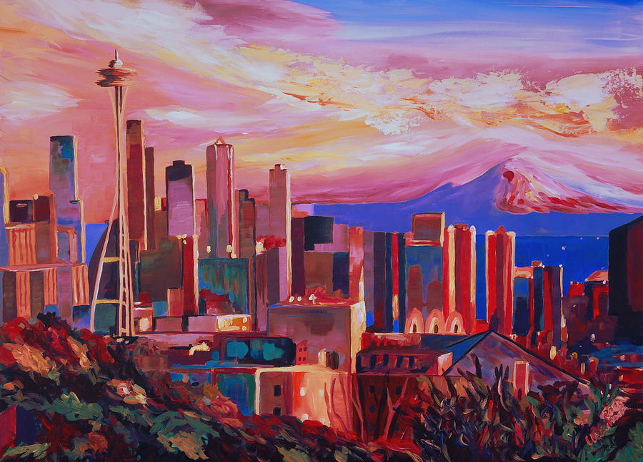 900x648 Seattle Skyline With Space Needle And Mt Rainier Painting By M - Seattle Painting