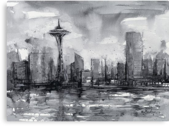 550x411 Seattle Skyline Painting Watercolor Canvas Prints By Olga - Seattle Skyline Painting