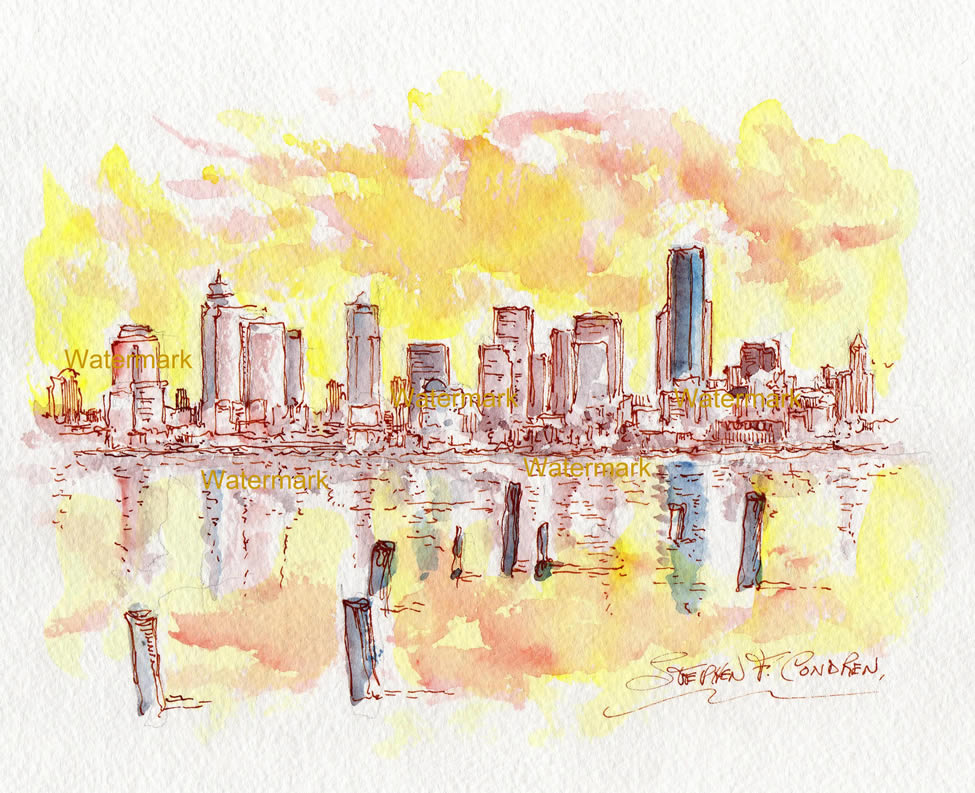 975x793 Seattle Skyline Watercolor Painting At Sunset For Sale ~ 879 - Seattle Skyline Painting