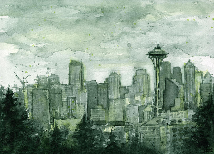900x646 Seattle Skyline Watercolor Space Needle Painting By Olga Shvartsur - Seattle Skyline Painting