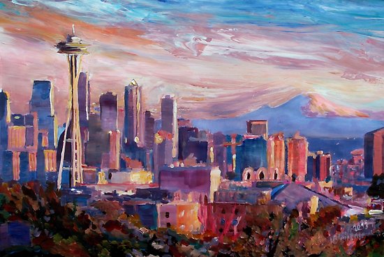 550x369 Seattle Skyline With Space Needle And Mt Rainier Posters By - Seattle Skyline Painting