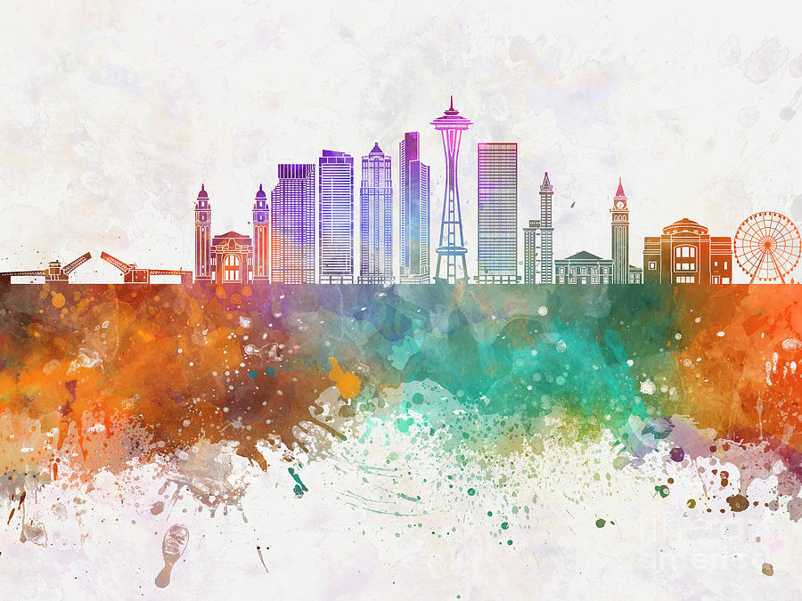 900x675 Seattle V2 Skyline In Watercolor Background Painting By Pablo Romero - Seattle Skyline Painting