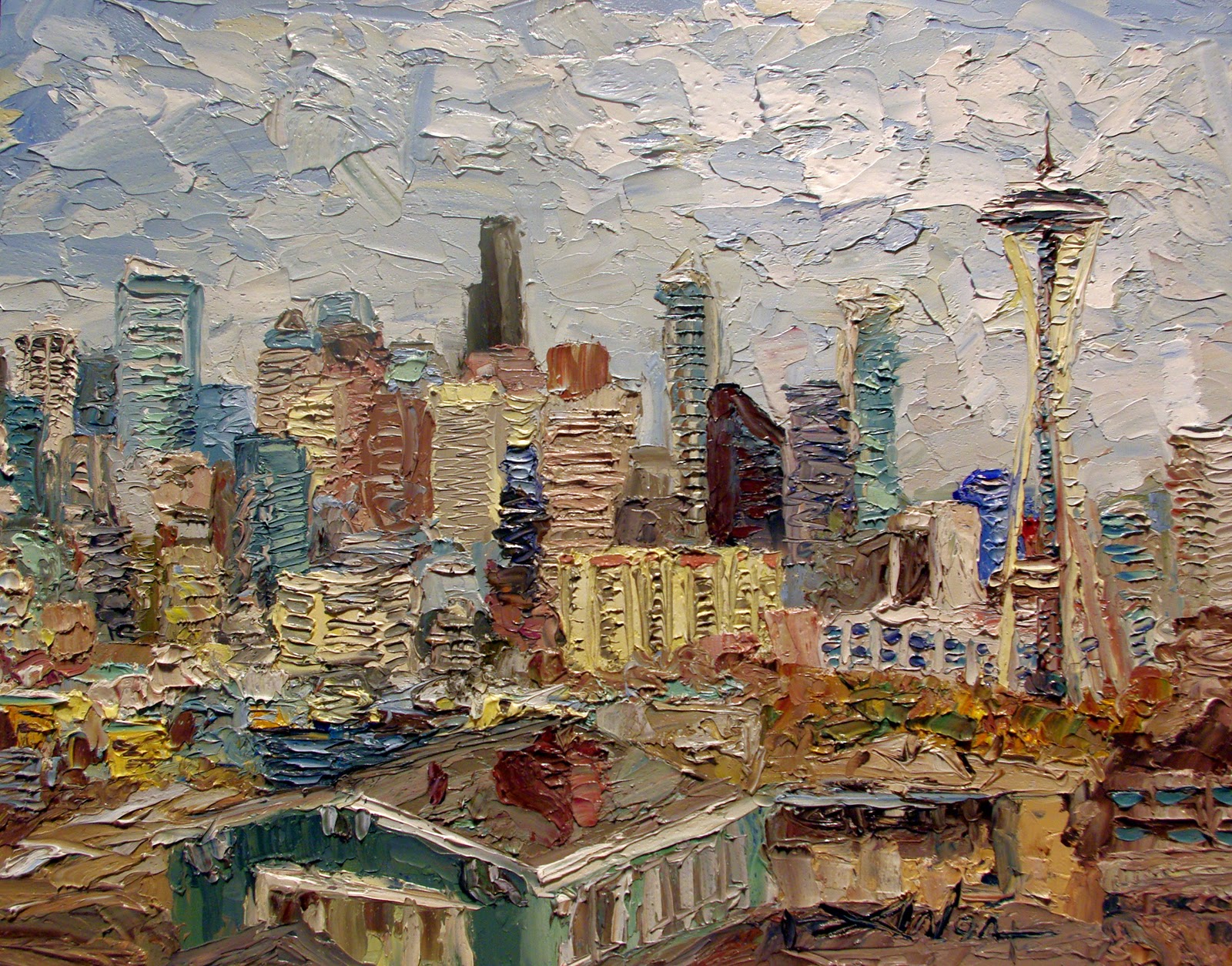 1600x1254 Palette Knife Painters, International Seattle Skyline From Queen - Seattle Skyline Painting