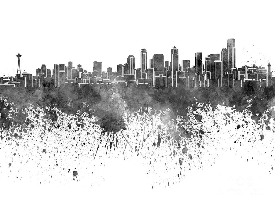 900x675 Seattle Skyline In Black Watercolor On White Background Painting - Seattle Skyline Painting