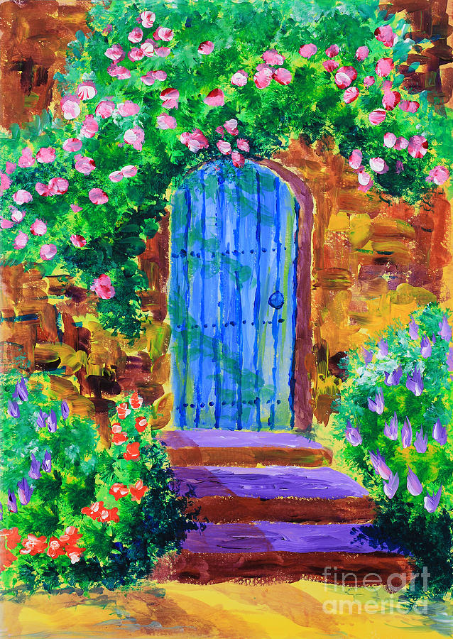 638x900 Blue Wooden Door To Secret Rose Garden Painting By Beverly Claire - Secret Garden Painting