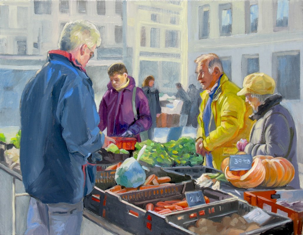 1031x800 Farmer's Market Selling Vegetables, Oil Painting, Figures - Selling Painting