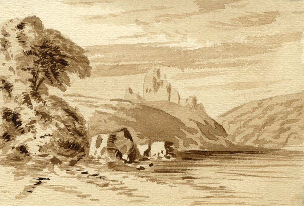 1023x693 Sepia Castle Ruins Near A Lake - Sepia Painting