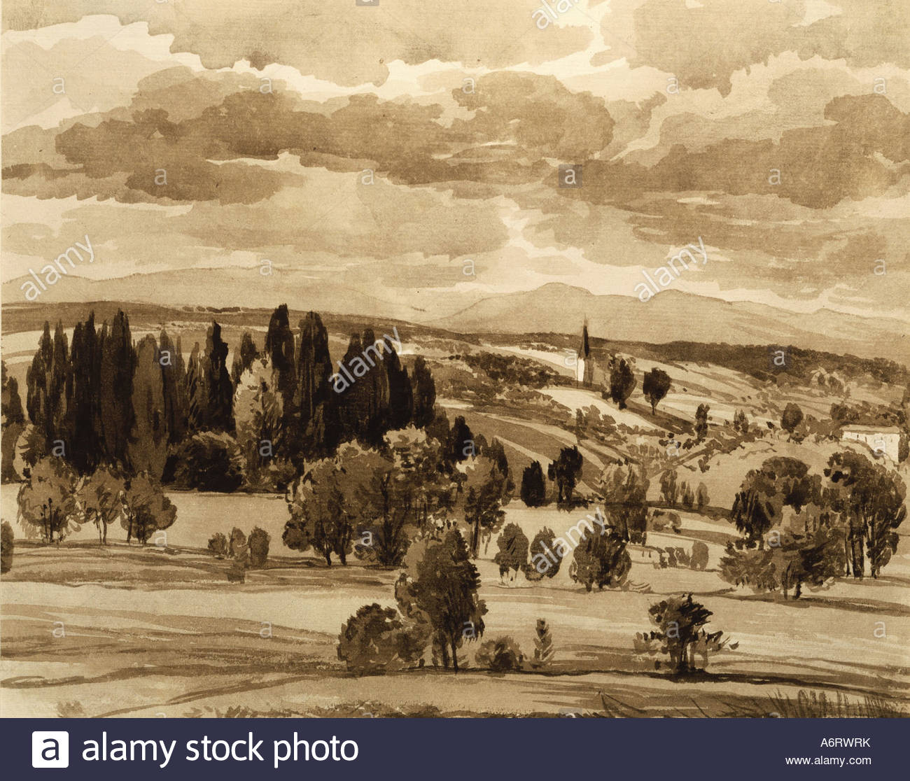 1300x1116 Fine Arts, Romanticism, Painting, Alpine Foothill Landscape, Sepia - Sepia Painting