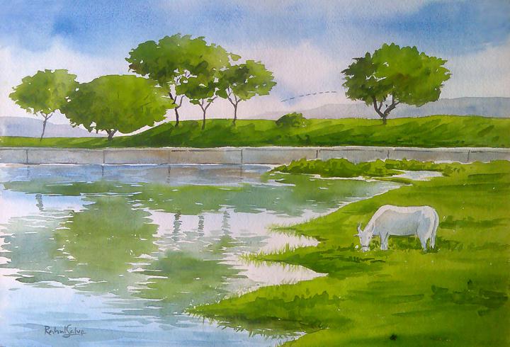 720x490 Serenity By Artist Rahul Salve Landscape Art Watercolor Paintings - Serenity Painting