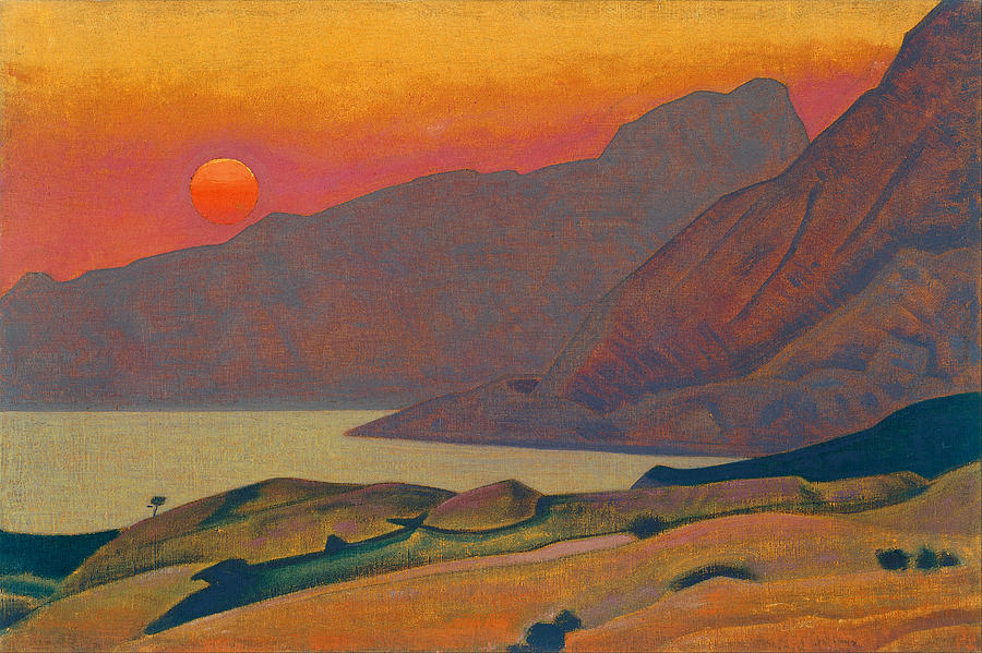 900x599 Mountains With Lake And Setting Sun Painting By Nicholas Roerich - Setting Sun Painting