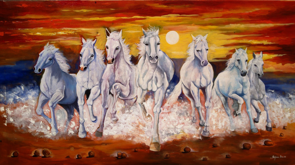 999x559 Seven White Horse , Painting By Arjun Das Contemporary Artwork - Seven Horses Painting