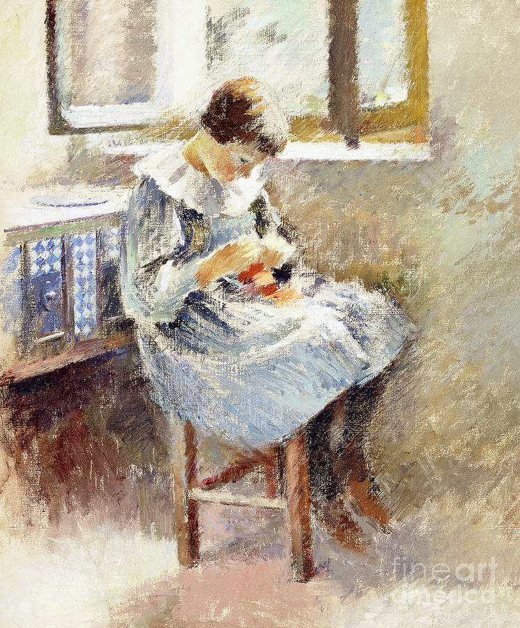 746x900 Girl Sewing Painting By Theodore Robinson - Sewing Painting