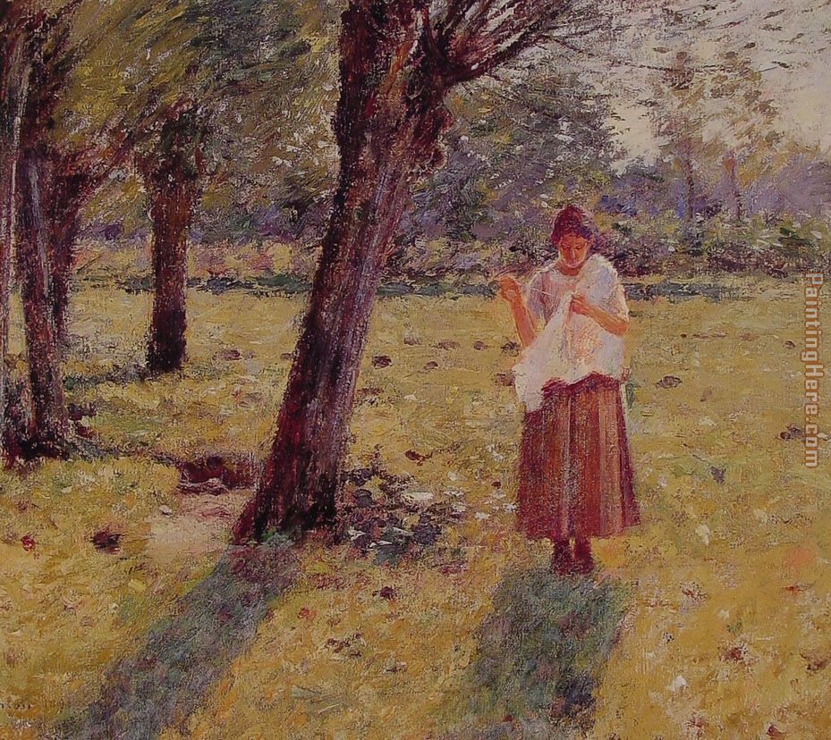 929x828 Theodore Robinson Girl Sewing Painting Anysize 50% Off - Sewing Painting