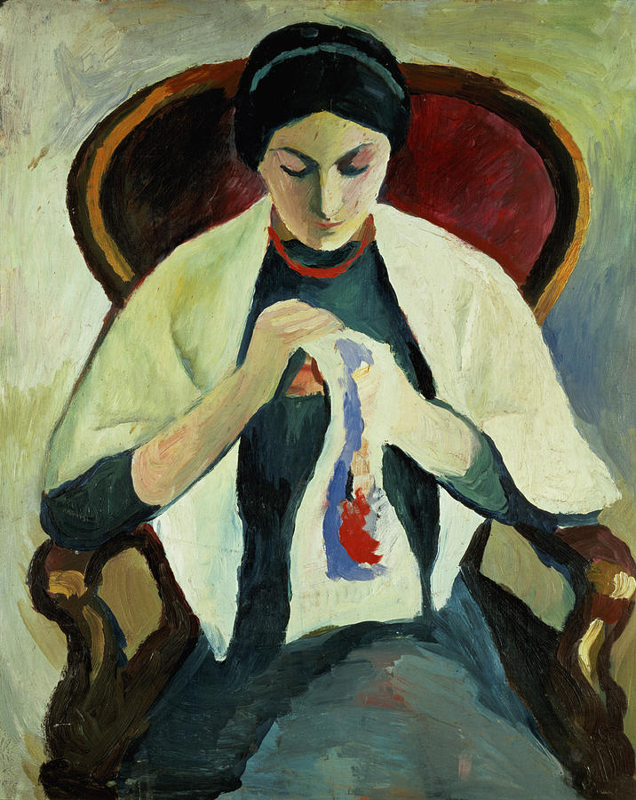 716x900 Woman Sewing Painting By August Macke - Sewing Painting