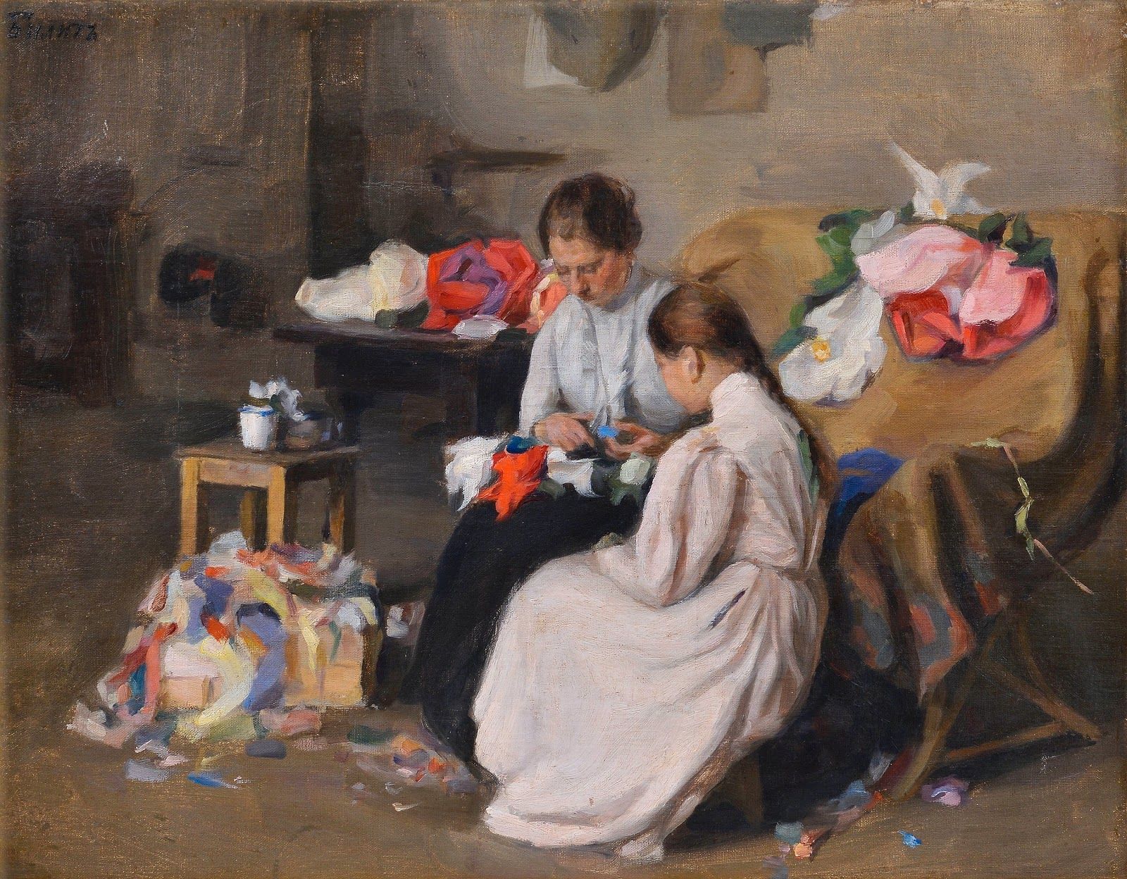 1600x1248 Yakov Bilit Girls Sewing Art 1 Master Art - Sewing Painting