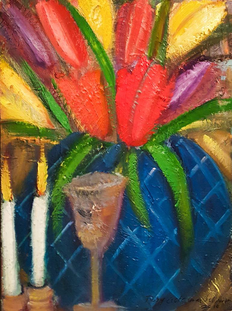 770x1029 Saatchi Art Tulips On Shabbat Painting By Toby Gotesman Schneier - Shabbat Painting
