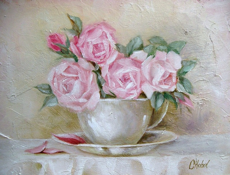 800x609 Romantic Country And Rose Paintings Cup And Saucer Roses Shabby - Shabby Chic Roses Painting