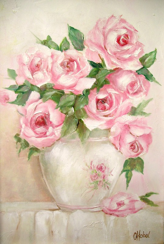 540x800 Romantic Country And Rose Paintings Rose Vase Shabby Chic Style - Shabby Chic Roses Painting