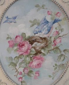 236x291 Shabby Chic Bluebird And Roses Painting In Antique Frame By Debi - Shabby Chic Roses Painting