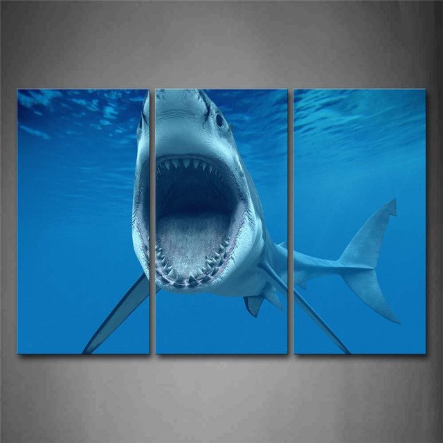 640x640 Big Shark Near Sea Surface Open Mouth In Blue Sea Wall Art - Shark Canvas Painting
