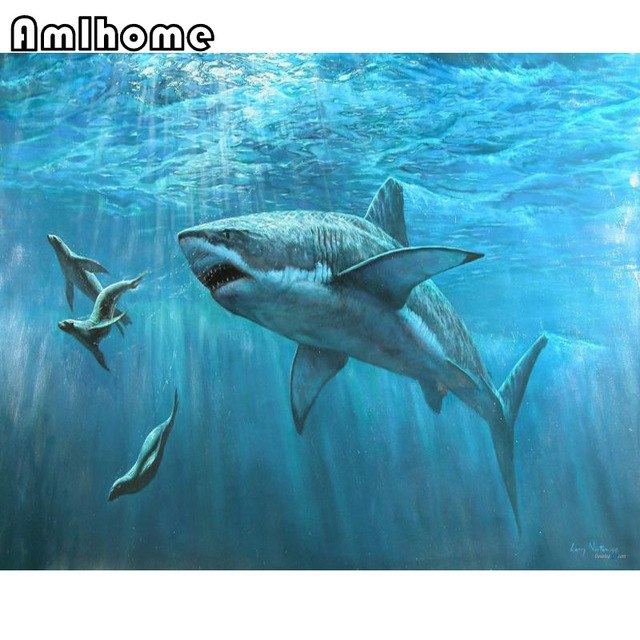 640x640 New Diy Diamond Painting Cross Stitch Shark Pattern 5d Diamond - Shark Painting