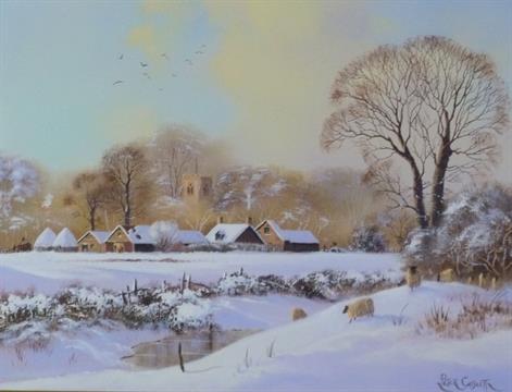 471x360 Peter Cosslett Oil Painting On Canvas Winter Landscape With Sheep - Sheep In Snow Painting