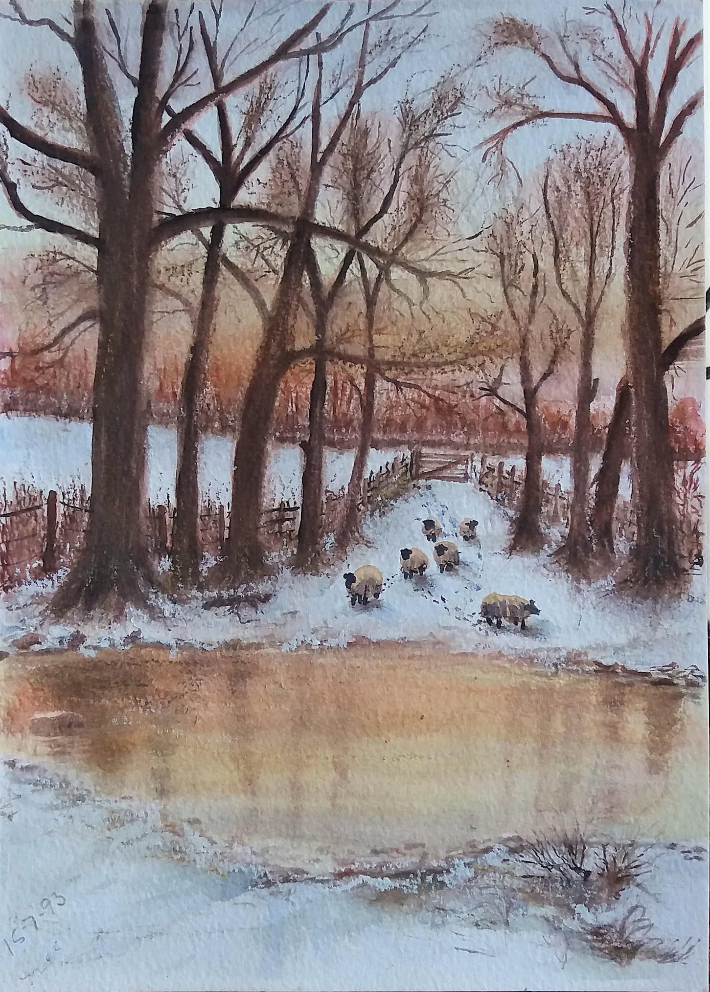 1451x2029 Winter Snow Scene Painting, Vintage Goache Painting, Snowy - Sheep In Snow Painting