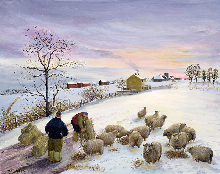 900x711 Feeding Sheep In Winter Painting By Margaret Loxton - Sheep In Snow Painting