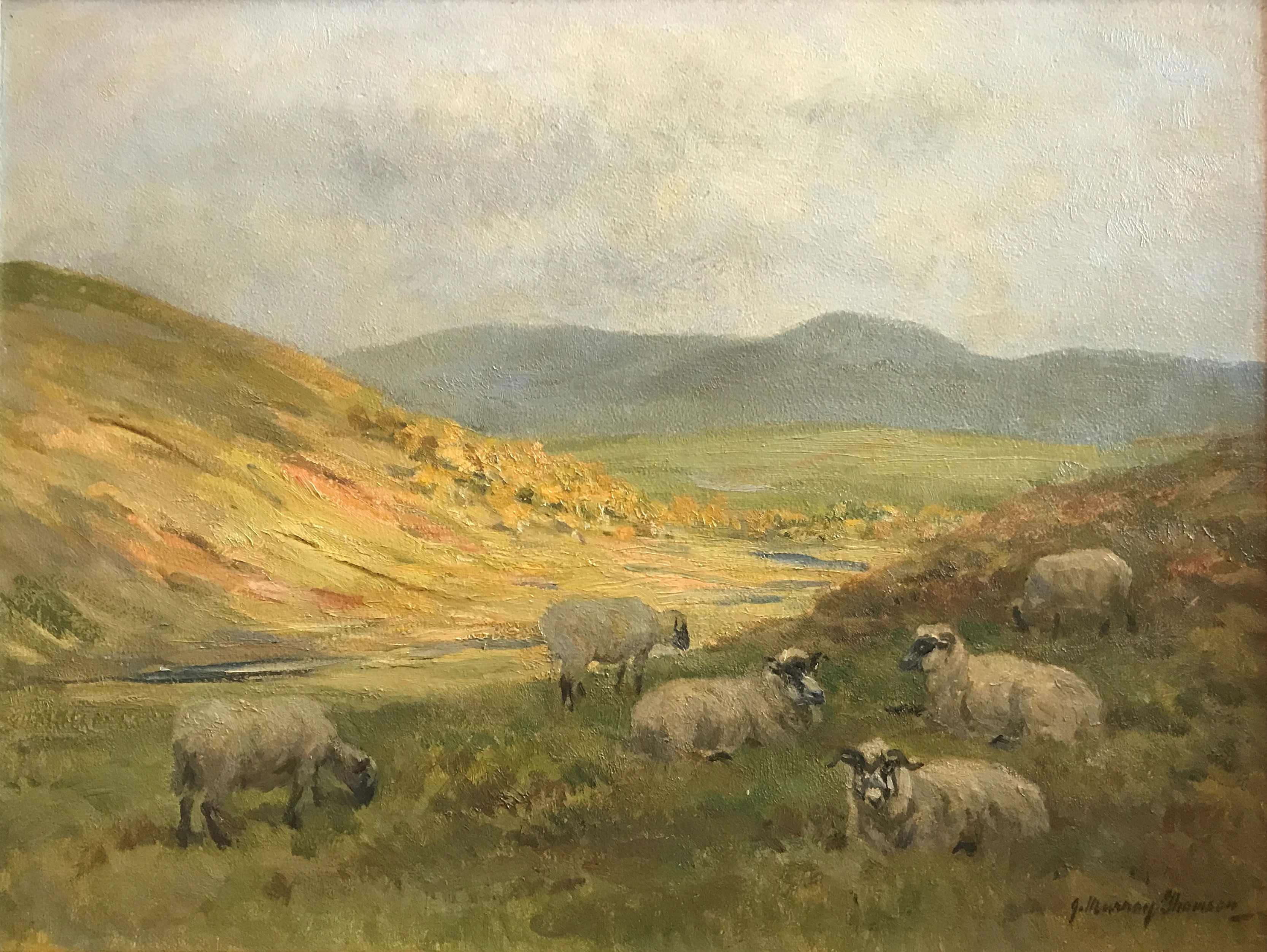 3332x2503 Grazing Sheep, Scottish Landscape Oil Painting By John Murray Thomson - Sheep Oil Painting