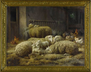 300x239 Old Master Oil Painting Art Antique Animal Sheep Chicken Wildlife - Sheep Oil Painting