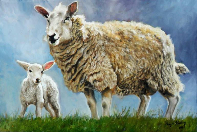 770x517 Saatchi Art A Lamb With Its Mother Sheep Painting By Megid Khedhiry - Sheep Painting