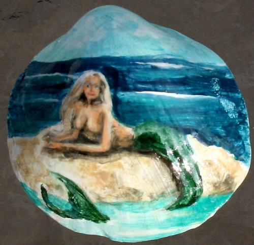 500x483 Mermaid Shell Painting Lying On Rock - Shell Painting