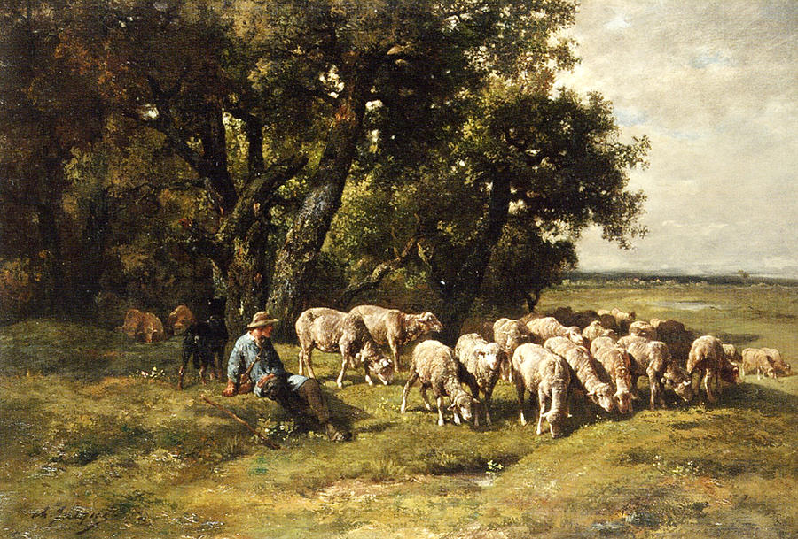 900x609 A Shepherd And His Flock Painting By Charles Emile Jacques - Shepherd Painting