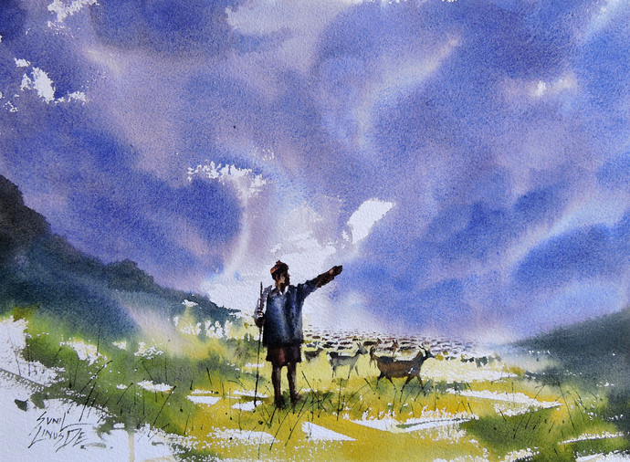 690x506 Shepherd By Artist Sunil Linus De Impressionism, Painting - Shepherd Painting