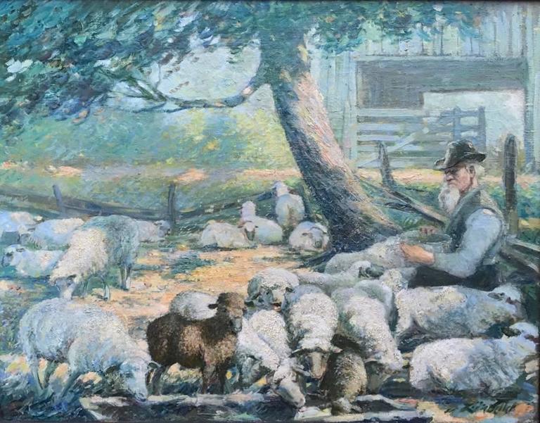 768x601 Early 20th C. Oil Painting Of Shepherd Tending Flock Of Sheep - Shepherd Painting
